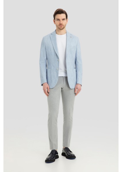 Erkek Açık Mavi Keten Karışımlı Slim Fit Blazer Ceket