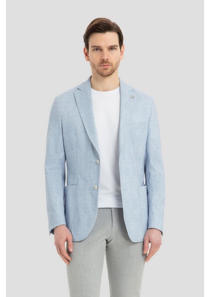 Erkek Açık Mavi Keten Karışımlı Slim Fit Blazer Ceket fiyatları