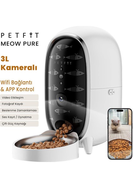Meow Pure 3l Wi-Fi Kameralı Akıllı Otomatik Kedi Köpek Mama Kabı Besleme Ünitesi (Sesli Komut+Çelik Kase+App Kontrol)