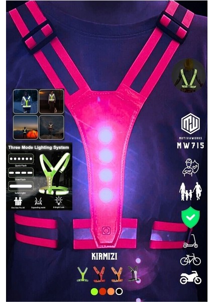 Reflektif Işıklı Yelek Kırmızı Fosforlu Neon Bisiklet, Motosiklet,scooter Gece Ikaz Uyarı Reflektör Yelek