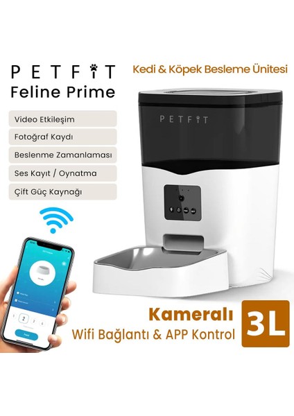 Feline Prime 3l Wi-Fi Kameralı Akıllı Otomatik Kedi Köpek Mama Kabı Besleme Ünitesi (Sesli Komut+Çelik Kase+App Kontrol)