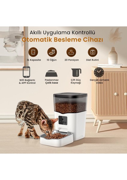 Feline Prime 3l Wi-Fi Kameralı Akıllı Otomatik Kedi Köpek Mama Kabı Besleme Ünitesi (Sesli Komut+Çelik Kase+App Kontrol) fiyatları
