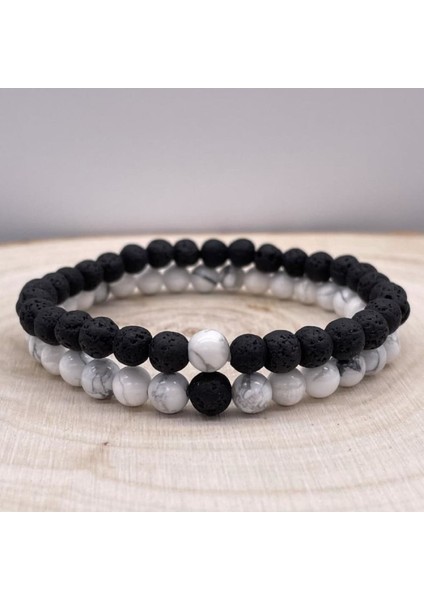 Sonsuz Sevgi Howlite ve Lav Taşı Çift: Unisex Doğal Taş Bileklik