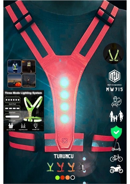 Reflektif Işıklı Yelek Turuncu Fosforlu Neon Bisiklet, Motosiklet,scooter Gece Ikaz Uyarı Yeleği