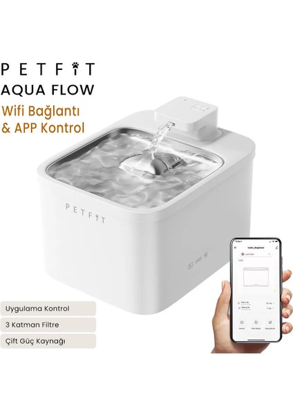 Aqua Flow 4l Çelik Hazne Wi-Fi Bataryalı Akıllı Otomatik Kedi Köpek Su Pınarı Su Çeşmesi Su Şelalesi (Ultra Sessiz+Uv Filtre+Akıllı Sensör)