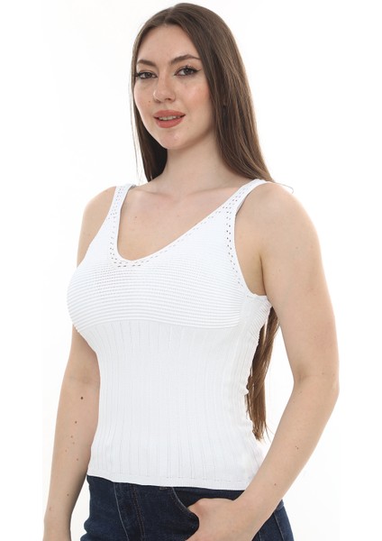 Kadın Bluz V Yaka Gofre Nakışlı Yazlık Triko Atlet