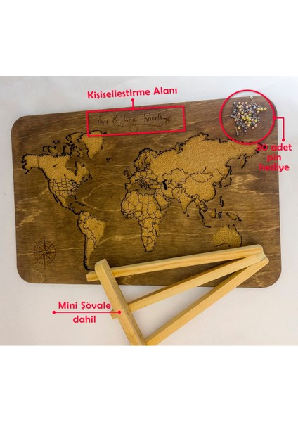 Masaüstü Kişiselleştirilebilir Ahşap Mantar Dünya Haritası - Mini Şövale ve 30 Adet Pin Hediyeli – 30X20CM