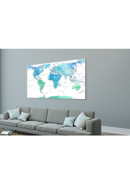 Tek Parça Detaylı Kanvas Dünya Haritası - Coğrafya Öğrenme Aracı - Mavi Temalı 90X55CM