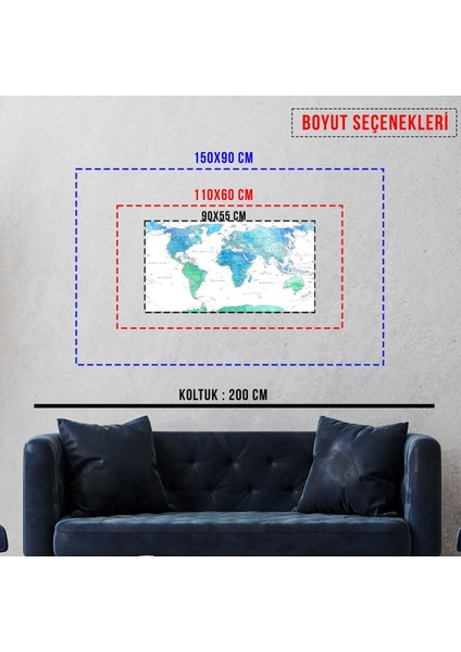 Tek Parça Detaylı Kanvas Dünya Haritası - Coğrafya Öğrenme Aracı - Mavi Temalı 90X55CM fiyatları