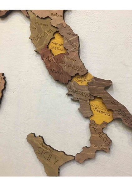 3 Boyutlu Ahşap Italya Haritası – Katmanlı ve Derinlikli Tasarım – 75X65 cm – Şablon ve Yapıştırıcı Dahil modelleri
