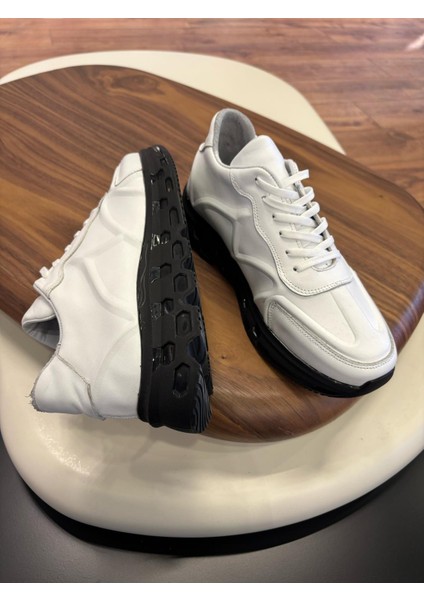 1075 Beyaz Siyah Tabanlı Hakiki Deri Erkek Sneakers - Erkek Spor Ayakkabı
