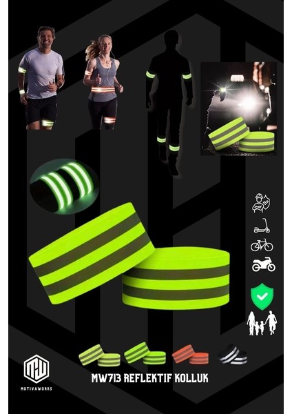 Reflektif Kolluk Bacak ve Bel Yeşil Fosfor Neon Bisiklet, Motosiklet,scooter Gece Ikaz Uyarı Bandı