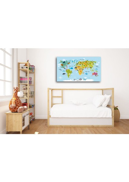 Çocuklar Için Hayvanlı Kanvas Dünya Haritası - Dayanıklı ve Solmaz Çocuk Odası Dekor 70X45CM