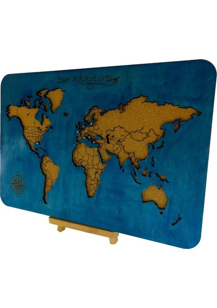 Masaüstü Kişiselleştirilebilir Ahşap Mantar Dünya Haritası - Mini Şövale ve 30 Adet Pin Hediyeli – 30X20CM