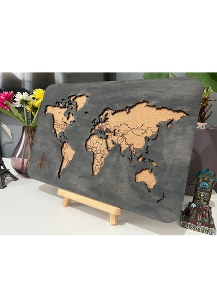 Masaüstü Kişiselleştirilebilir Ahşap Mantar Dünya Haritası - Mini Şövale ve 30 Adet Pin Hediyeli – 30X20CM indirimleri