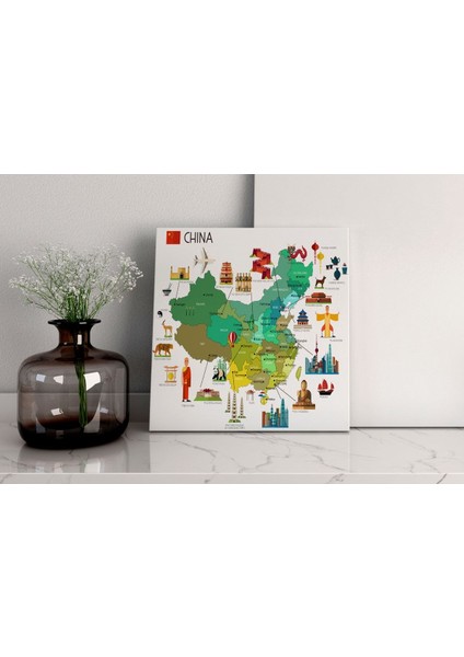 Kanvas Çin Haritası Renkli Illüstrasyonlu - Ev ve Ofis Dekorasyonu - Coğrafya Dekorasyonu 40X35 cm