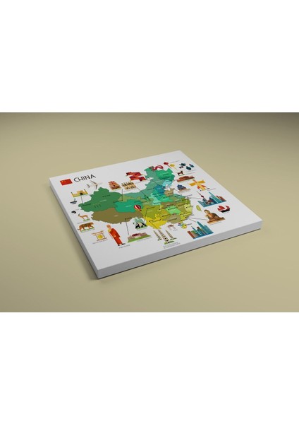 Kanvas Çin Haritası Renkli Illüstrasyonlu - Ev ve Ofis Dekorasyonu - Coğrafya Dekorasyonu 40X35 cm fiyatları