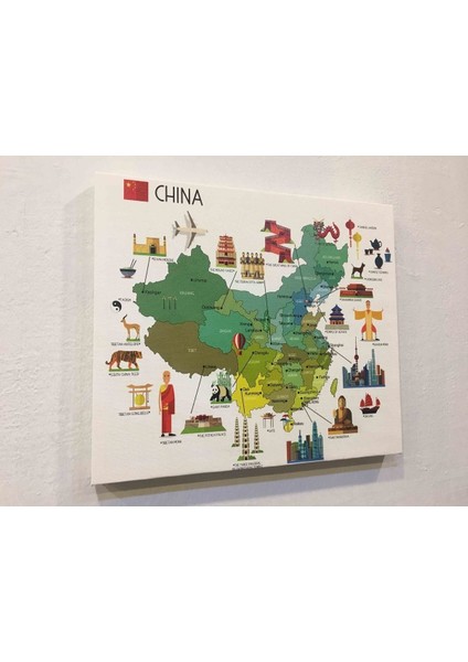 Kanvas Çin Haritası Renkli Illüstrasyonlu - Ev ve Ofis Dekorasyonu - Coğrafya Dekorasyonu 40X35 cm modelleri