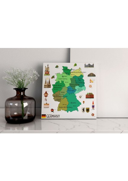 Kanvas Almanya Haritası Renkli Illüstrasyonlu - Ev ve Ofis Dekorasyonu - Coğrafya Dekorasyonu 40X35 cm