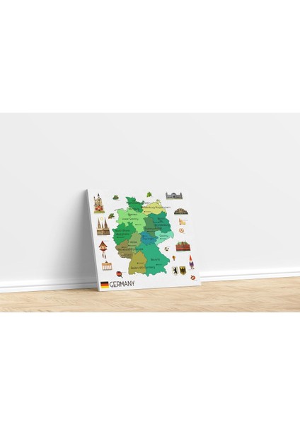 Kanvas Almanya Haritası Renkli Illüstrasyonlu - Ev ve Ofis Dekorasyonu - Coğrafya Dekorasyonu 40X35 cm modelleri