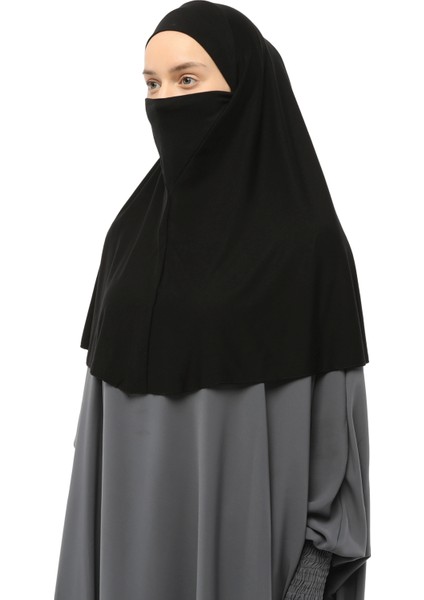 Hazır Türban Peçeli Pratik Eşarp Tesettür Nikaplı Hijab - Namaz Örtüsü Sufle (Xl) - Siyah