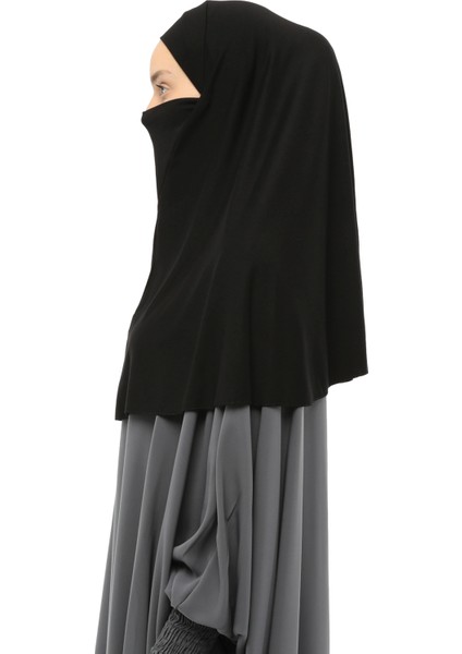 Hazır Türban Peçeli Pratik Eşarp Tesettür Nikaplı Hijab - Namaz Örtüsü Sufle (Xl) - Siyah