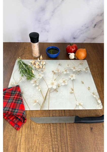 Cam Kesme Tahtası - Cam Kesme Tablası | Beyaz Çiçek - Gold | 30CM x 40CM