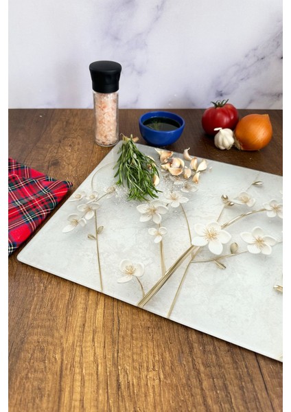 Cam Kesme Tahtası - Cam Kesme Tablası | Beyaz Çiçek - Gold | 30CM x 40CM fiyatları