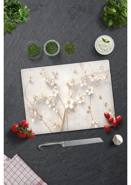 Cam Kesme Tahtası - Cam Kesme Tablası | Beyaz Çiçek - Gold | 30CM x 40CM fırsatları