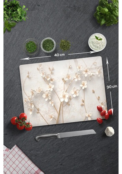 Cam Kesme Tahtası - Cam Kesme Tablası | Beyaz Çiçek - Gold | 30CM x 40CM indirimleri