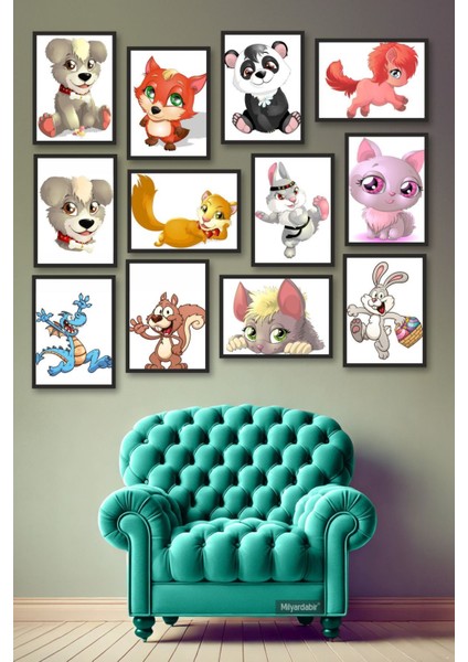 Çocuk Odaları Için Ideal Sevimli Hayvan Çizimleri Temalı 12 Parça Poster Seti
