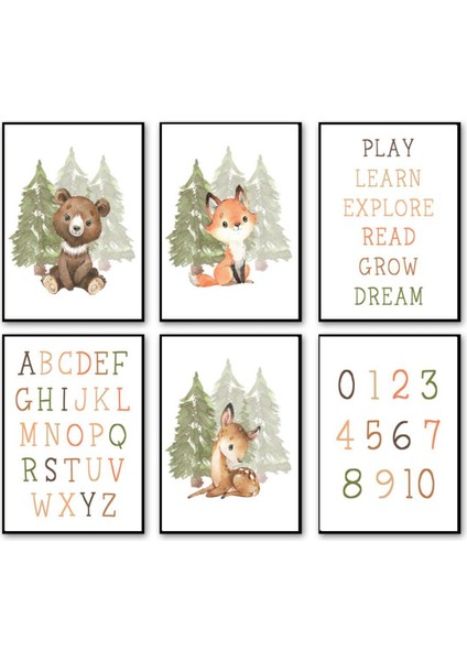 Hayvan ve Doğa Temalı Eğitici Özel Tasarım 6’lı Çerçeve Görünümlü Mdf Tablo Seti-Bebek ve Çocuk Odas