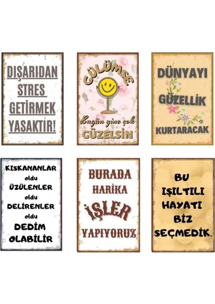 Motive Edici Duvar Yazıları 6 Lı Retro Ahşap Poster Seti