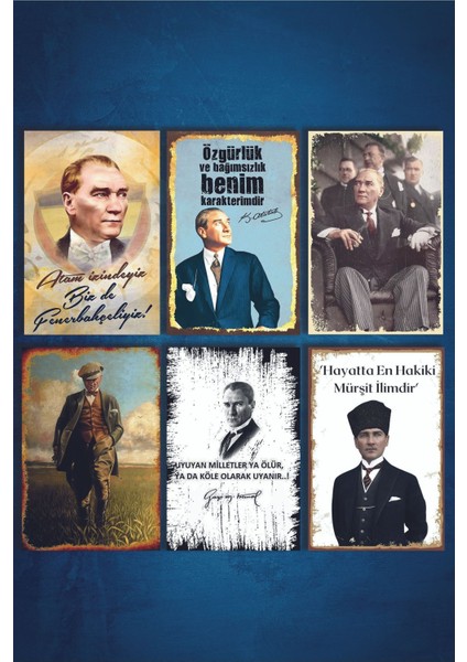 Mustafa Kemal Atatürk Retro Ahşap Poster 6 ADET(15X20)