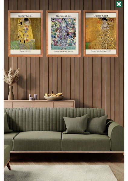 Ünlü Ressam Gustav Klimt 3' Lü Set, Çerçeve Görünümlü Modern Mdf Tablo