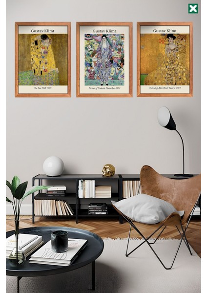 Ünlü Ressam Gustav Klimt 3' Lü Set, Çerçeve Görünümlü Modern Mdf Tablo