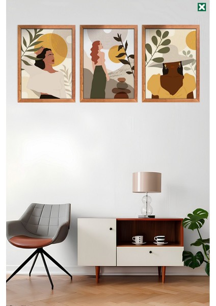 Bohem Duvar Dekoru 3'lü Set, Çerçeve Görünümlü Modern Mdf Tablo