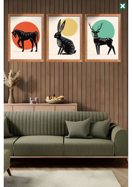 Animals Geometric 3'lü Set, Çerçeve Görünümlü Modern Mdf Tablo