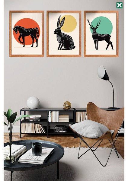 Animals Geometric 3'lü Set, Çerçeve Görünümlü Modern Mdf Tablo