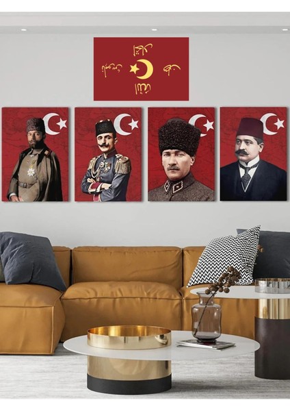 Ittihat Terakki Sancağı Tablo Seti 4'lü 40X60 3mm Ahşap Enver Paşa Talat Paşa Cemal Paşa