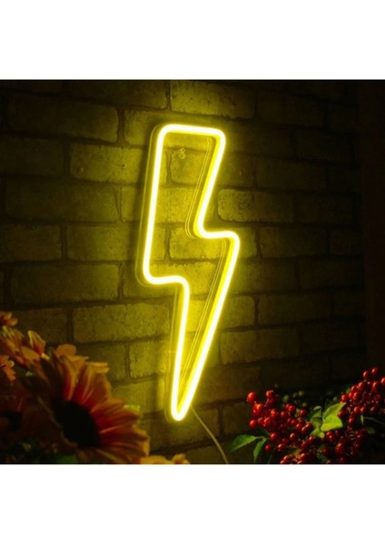 Şimşek Tasarımlı Sarı Neon LED Gece Lambası ve Dekoratif Duvar Aydınlatması