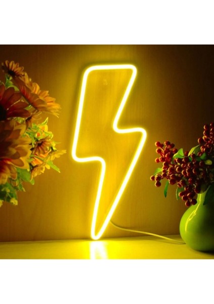 Şimşek Tasarımlı Sarı Neon LED Gece Lambası ve Dekoratif Duvar Aydınlatması
