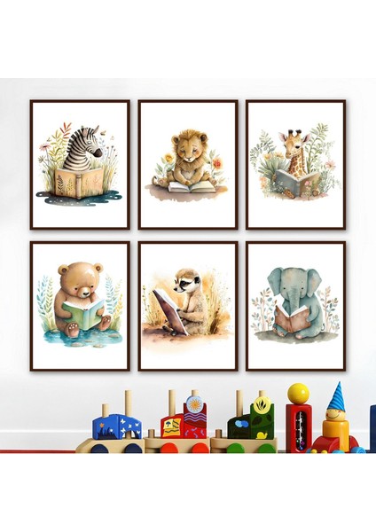 Sevimli Kitap Okuyan Hayvanlar 6’lı Çerçeve Görünümlü Modern Mdf Tablo Seti –bebek ve Çocuk Odası D