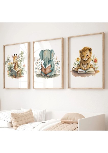 Sevimli Kitap Okuyan Hayvanlar 6’lı Çerçeve Görünümlü Modern Mdf Tablo Seti –bebek ve Çocuk Odası D