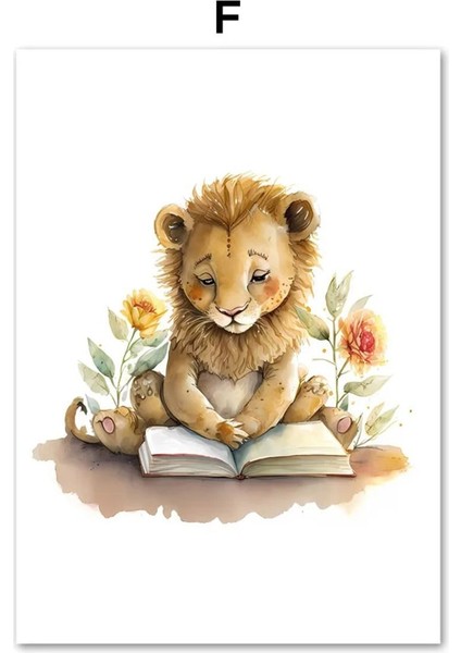Sevimli Kitap Okuyan Hayvanlar 6’lı Çerçeve Görünümlü Modern Mdf Tablo Seti –bebek ve Çocuk Odası D