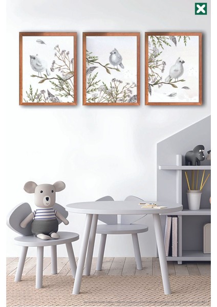 Sevimli Kır Fidanlığı ve Kuş Temalı 3’lü Çerçeve Görünümlü Modern Mdf Tablo Seti –bebek ve Çocuk Od