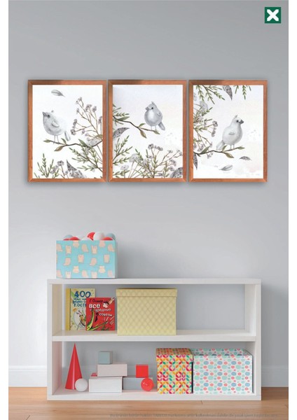 Sevimli Kır Fidanlığı ve Kuş Temalı 3’lü Çerçeve Görünümlü Modern Mdf Tablo Seti –bebek ve Çocuk Od