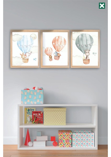 Uçan Balonlar Içerisinde Sevimli Hayvanlar 3'lü Çerçeve Görünümlü Modern Mdf Tablo Seti - Bebek ve Ç