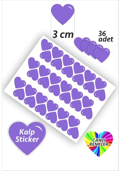 36 Adet Mor Kalp Etiket Renk 3 cm Kalp Temalı Sticker Seti