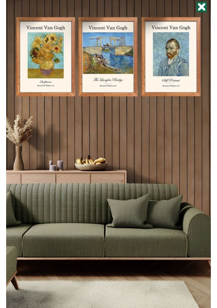 Ünlü Ressam Vincent Van Gogh 3' Lü Set, Çerçeve Görünümlü Modern Mdf Tablo